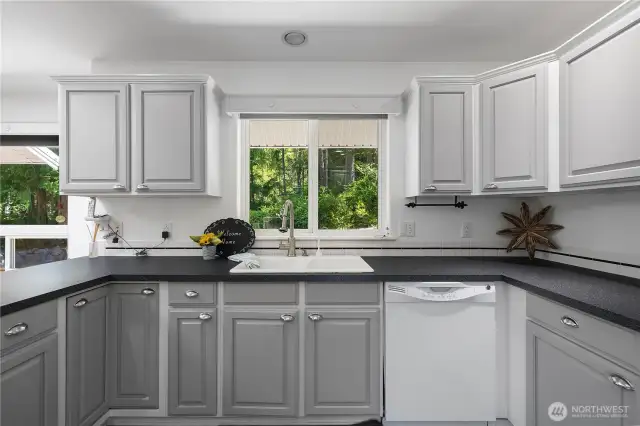 Sink looks out the window.