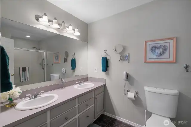Primary bathroom with walk-in shower... has a closet also.
