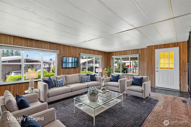 Living room shown with virtuatl staging.