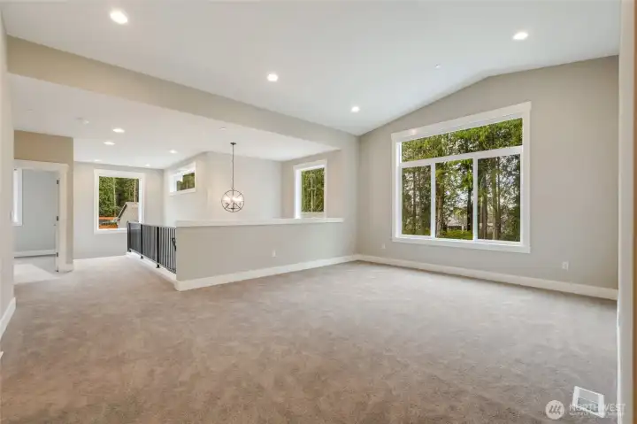 flexible, bright, and luxurious, Oversized bonus room upstairs with vaulted ceiling and tree-lined views — a space that adapts to your lifestyle.”