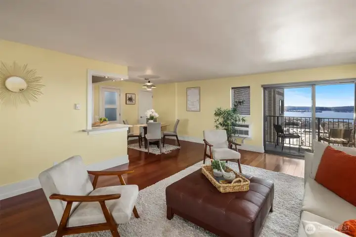 Spacious living & dining rooms with access to the private deck
