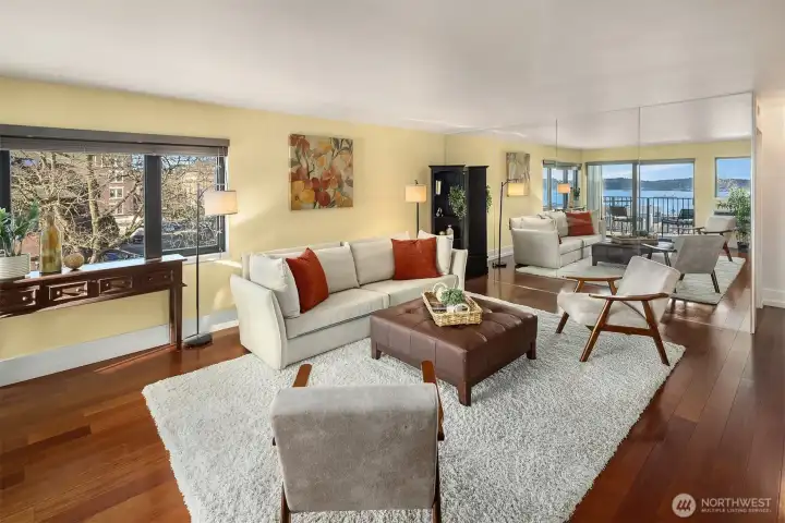 Spacious living & dining rooms with access to the private deck