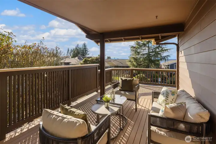 Covered side deck for summer dining or morning coffee