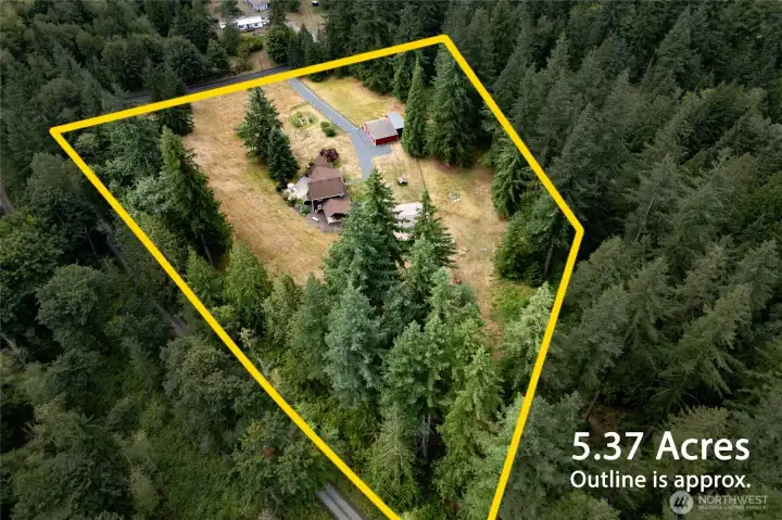 Drone view of approximate property lines of this 5.37 acre property. Drone view of approximate property lines of this 5.37 acre property.