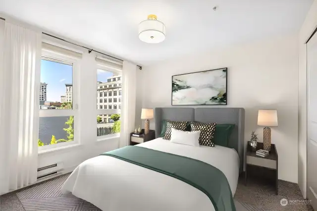 Bedroom with west-facing views of the Smith Tower