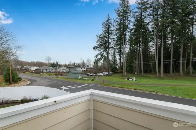 facing east from the balcony showing part of your back yard and crosswalk leading to the park.