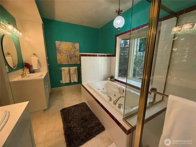 Two separate vanities and gorgeous lighting!