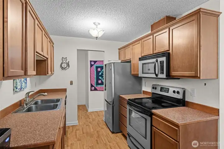 Here's another view of the kitchen, with its recently purchased fridge.