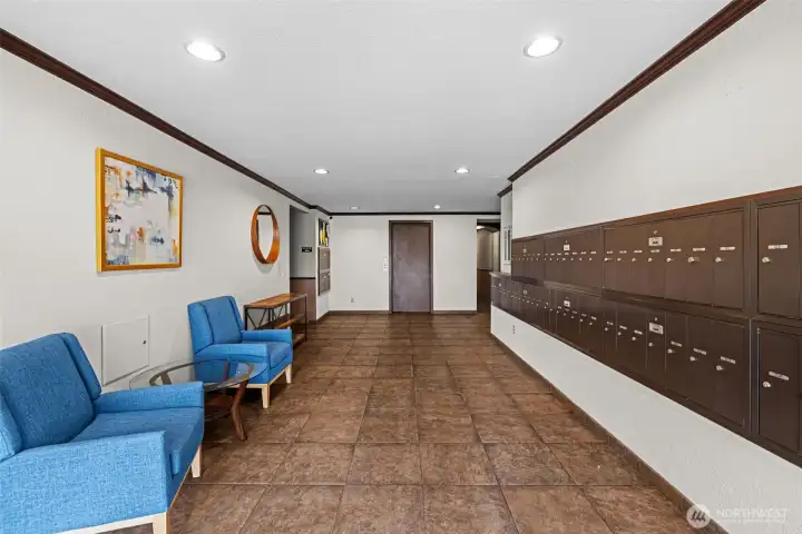 This secure building has a spacious lobby entrance.