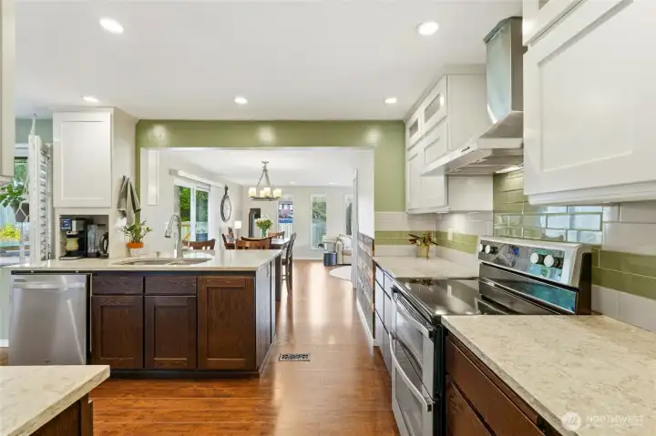 The kitchen is open to the dining room and family room.