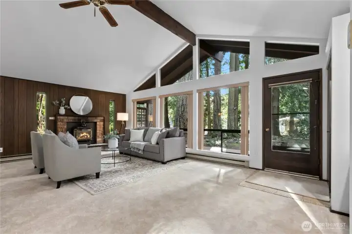 Light-filled living room with soaring ceilings and expansive windows.