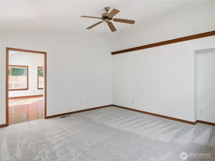 FAMILY RM with Bonus Rm on Left. Recessed Shelf & Book Niche. Ceiling Fan & Vaulted Ceiling.