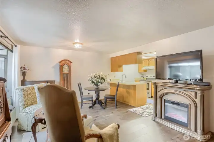 Spacious living room with newer flooring