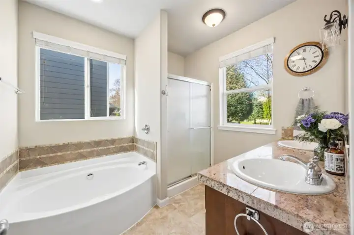 5 piece primary suite with oversized soaking tub, walk-in shower & dual vanity area.
