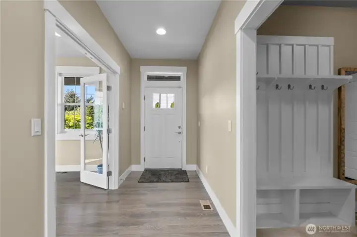 Generous Entry with Office on the Left and Mudroom and Garage to the Right