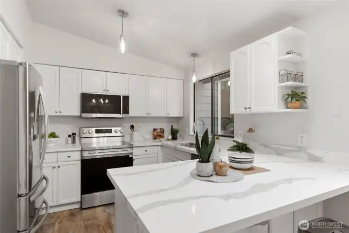 New granite countertops add a modern touch.