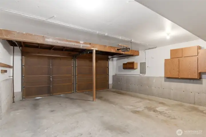 Two-car garage with plenty of space for storage.