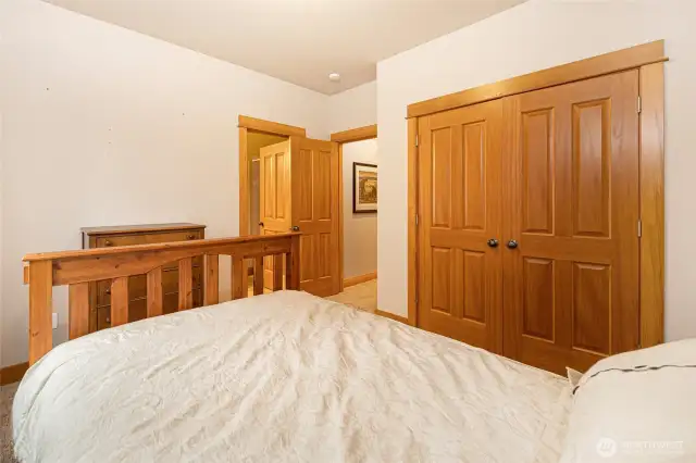 Bed and bathroom