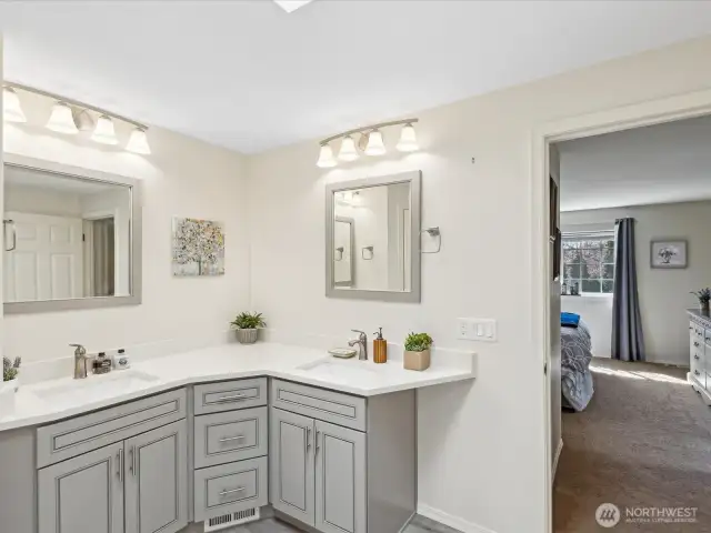 Sumptuous 5-pc Bath with soaking Tub & separate Shower, dual vanity & lovely floors.