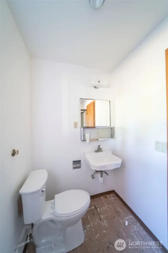 Basement 3/4 bath. You can see a bit of the shower in the mirror.