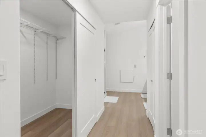 Walk-in closet and spa-like bathroom. Luxury vinyl plank flooring, fresh paint, solid wood, single-panel white shaker doors with full wood craftsman bungalow casing trim. Convection wall heater, water closet with upgraded bidet toilet, upgraded shower and new vanity.