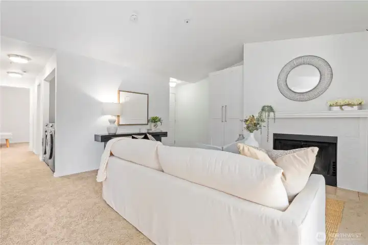 Past the living room and down the hallway is the utility closet with your convenient in-unit Washer/Dryer set, two bedrooms and full bathroom.