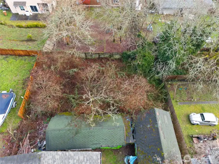 Brush-covered but full of opportunity—a large backyard ready for transformation.