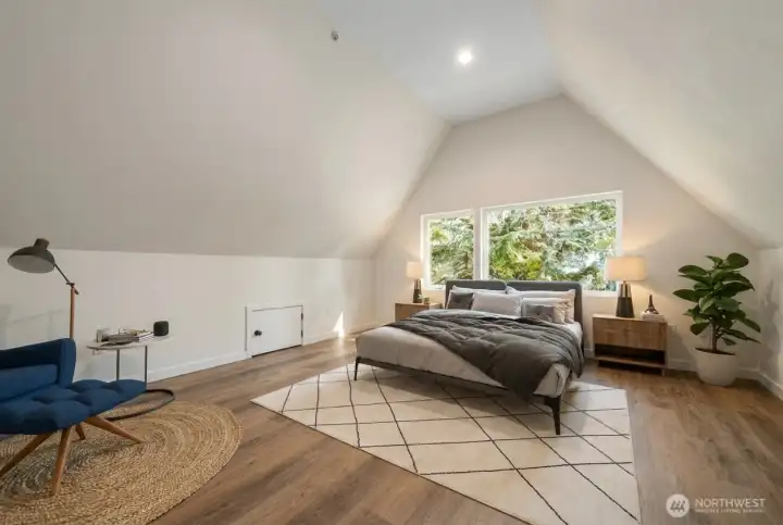 Virtually staged secondary bedroom (1 of 2) on upper level