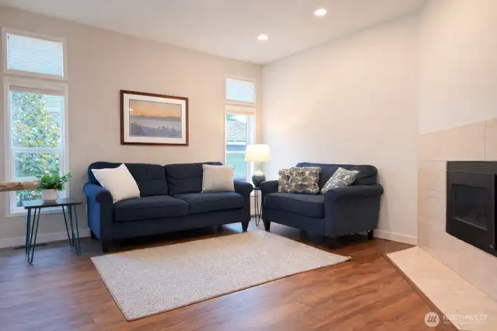 Tall ceilings and a gas fireplace.