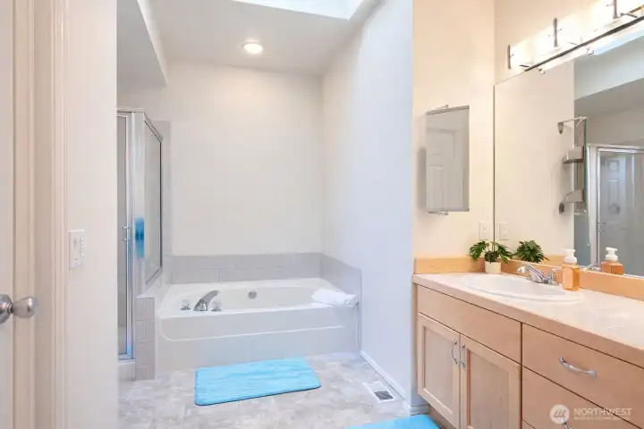 Soaking tub, double vanity and walk in closet.