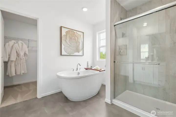 Primary bathroom, bathtub and tiled shower - Photos are for representational purposes only, colors, elevation and features may vary.