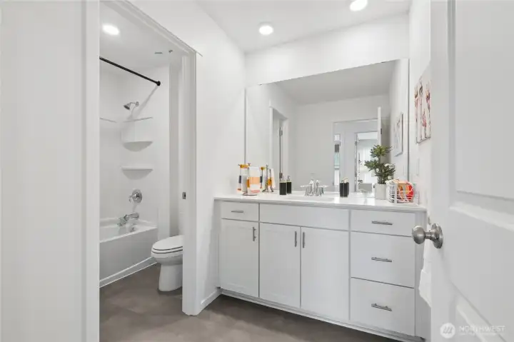 Full bath for the 4 extra rooms upstairs, can, more flexibility for the separate door leading to shower -Photos are for representational purposes only, colors, elevation and features may vary.