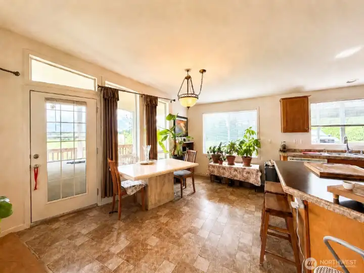 High ceilings and lots of light.  Door leads to covered deck.