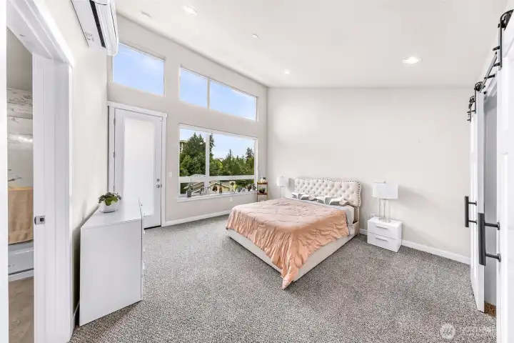 Primary bedroom with extra tall ceilings and full wall of windows! Primary bedroom with extra tall ceilings and full wall of windows!