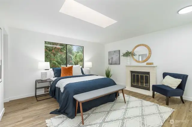 Upstairs Bedroom 1 with Fireplace and Skylight