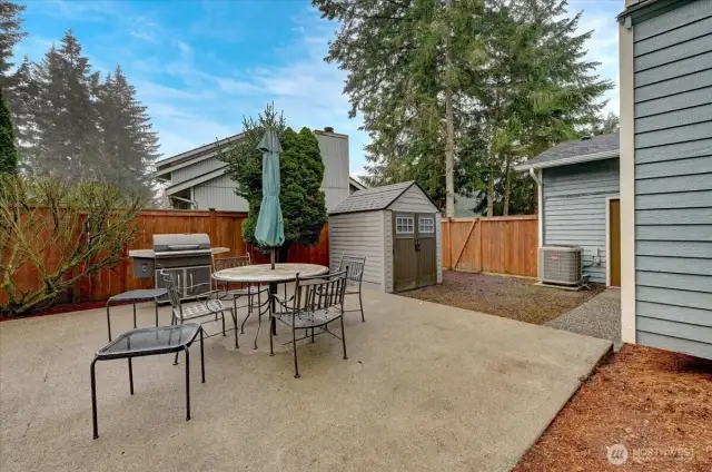 Patio for entertaining and storage shed.