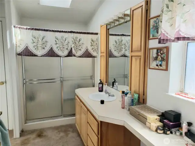 Huge Primary Master Bathroom with Cathedral Ceilings, Skylight and Large Walk In Shower.