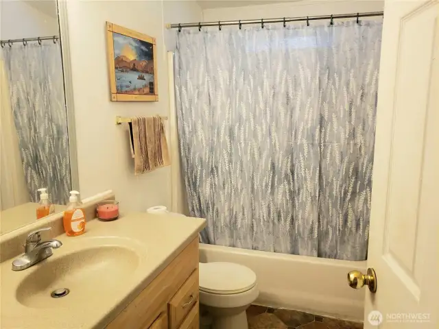 Nice Sized Main Guest Bathroom Newer Counter top and Tub and Shower Combination.