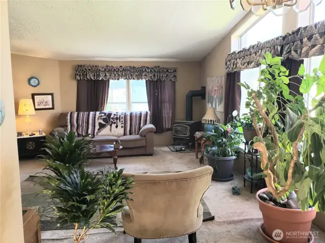 Another Picture of the Enormous Living Room with an Economical Free Standing Gas Stove to Heat the Whole Home From the Dining Room Area.
