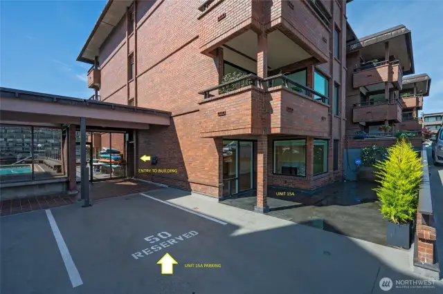Parking space right next to Front Entry and Patio. Convenient to carry in groceries! Easy access to common areas including paddle boards and pool!