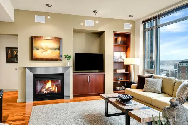 Look out to Lake Union from alongside the cozy gas fireplace. Built-in media center & library shelves, too!