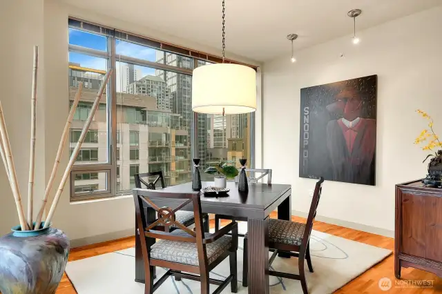 Stylish lighting elevates the dining area.