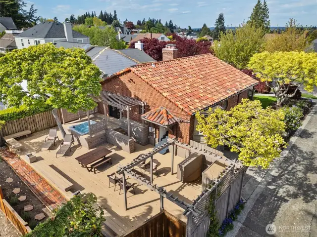 Ariel View of fenced in Deck with Hot Tub