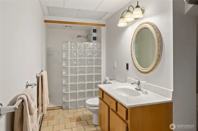 Freshly painted bathroom with glass block shower in the daylight basement.