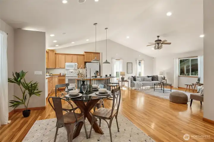 Vaulted ceilings in main home kitchen and living room.