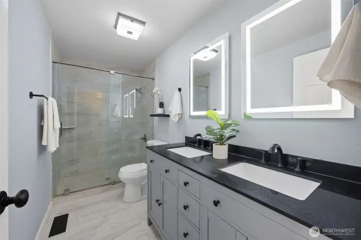 Roomy bathroom with double sinks!