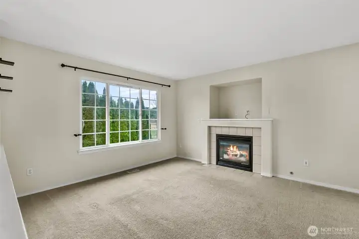 Living room with natural gas fireplace.