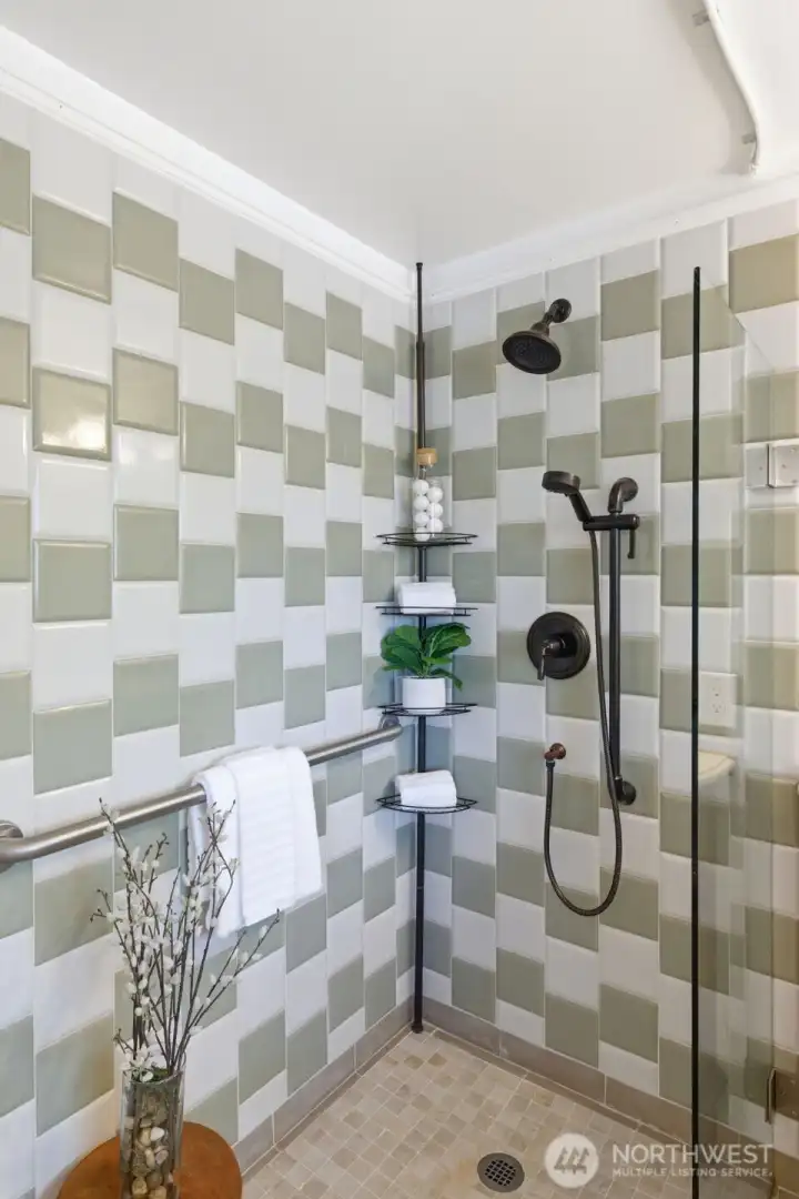 No-barrier shower has blocking in the wall for addtional  accessories.