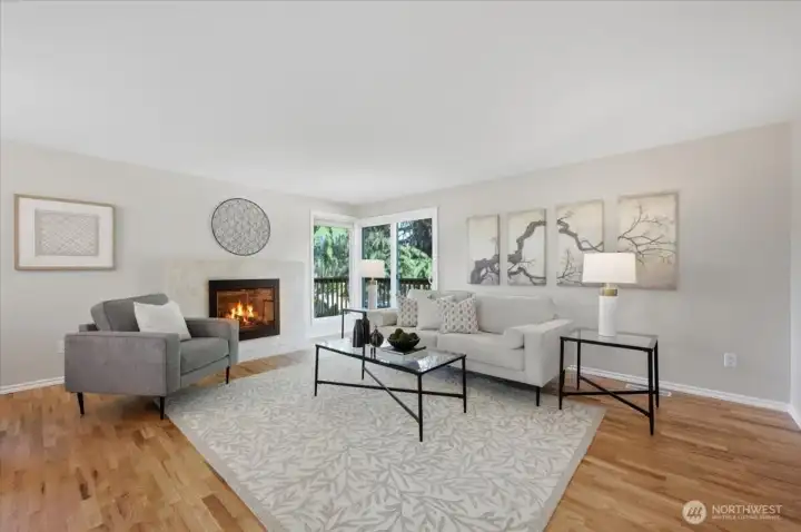 Cozy wood burning fireplace in family room