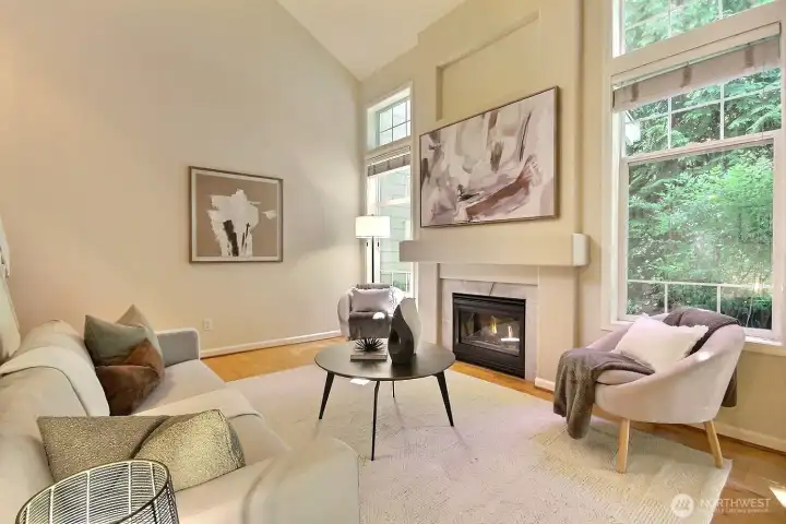 Large windows not only brighten the interior but also beautifully showcase the lush natural surroundings. Large windows not only brighten the interior but also beautifully showcase the lush natural surroundings.
